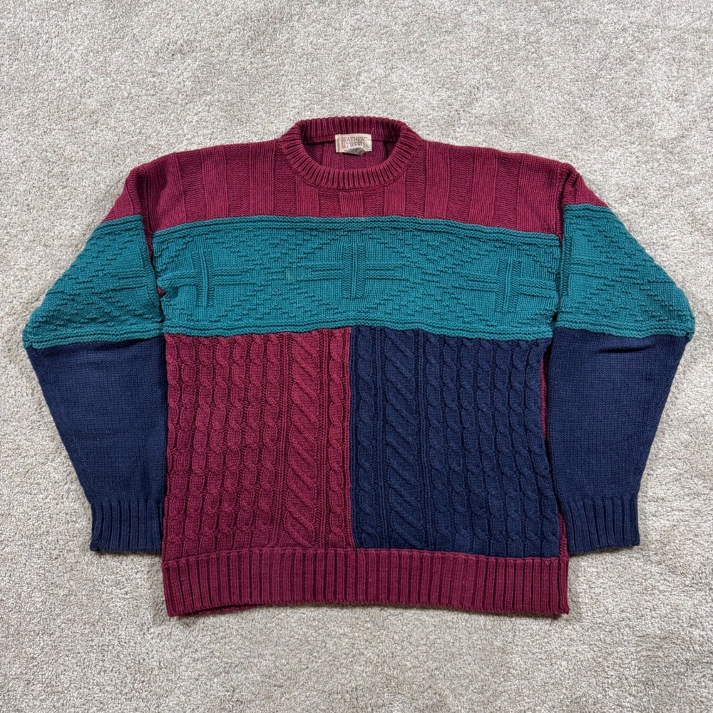 Vintage Heather & Tweed Mens XL Colorblock Cable Knit Sweater Cotton Crew Neck